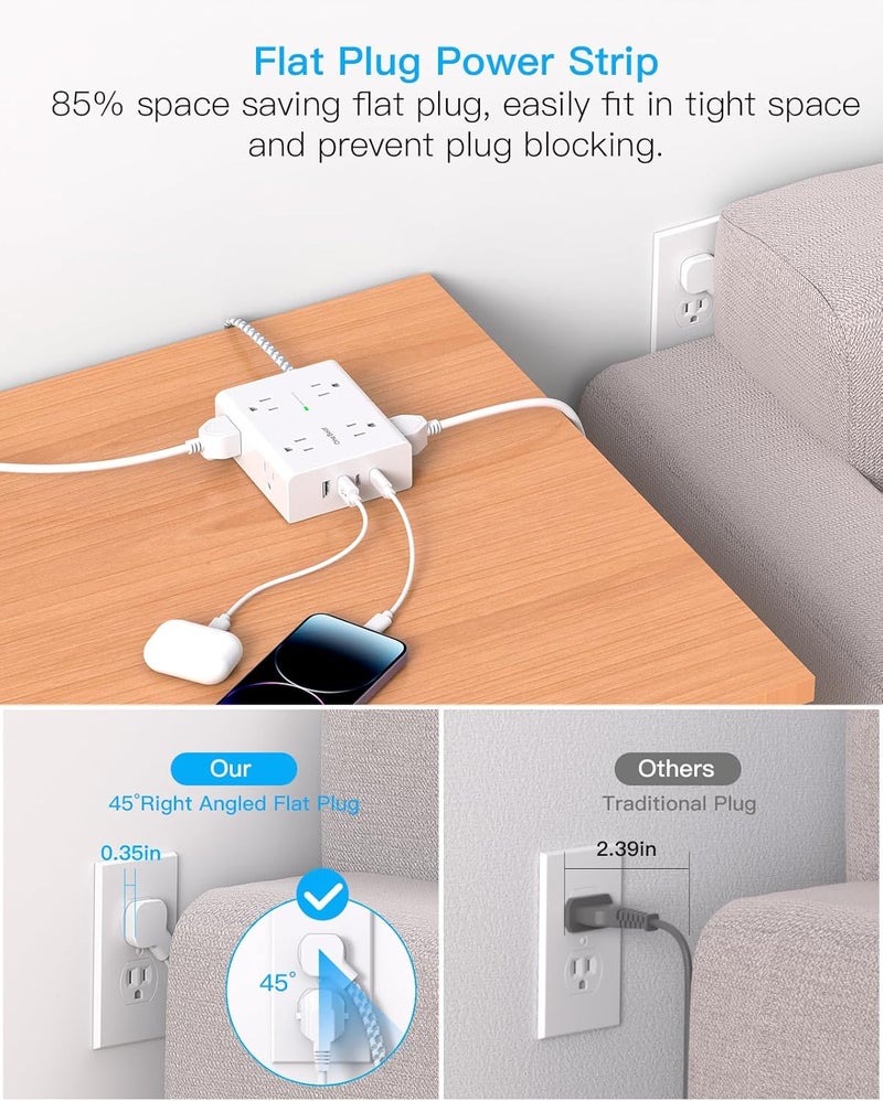 One Beat 25Ft Extension Cord with Multiple Outlets, Flat Plug Power Strip Surge Protector 25 Ft Long Cord, 8 Outlet 4 USB Ports (2 USB C), Multi Outlet Wall Plug for Office, College, Dorm Room Essentials - Image 5